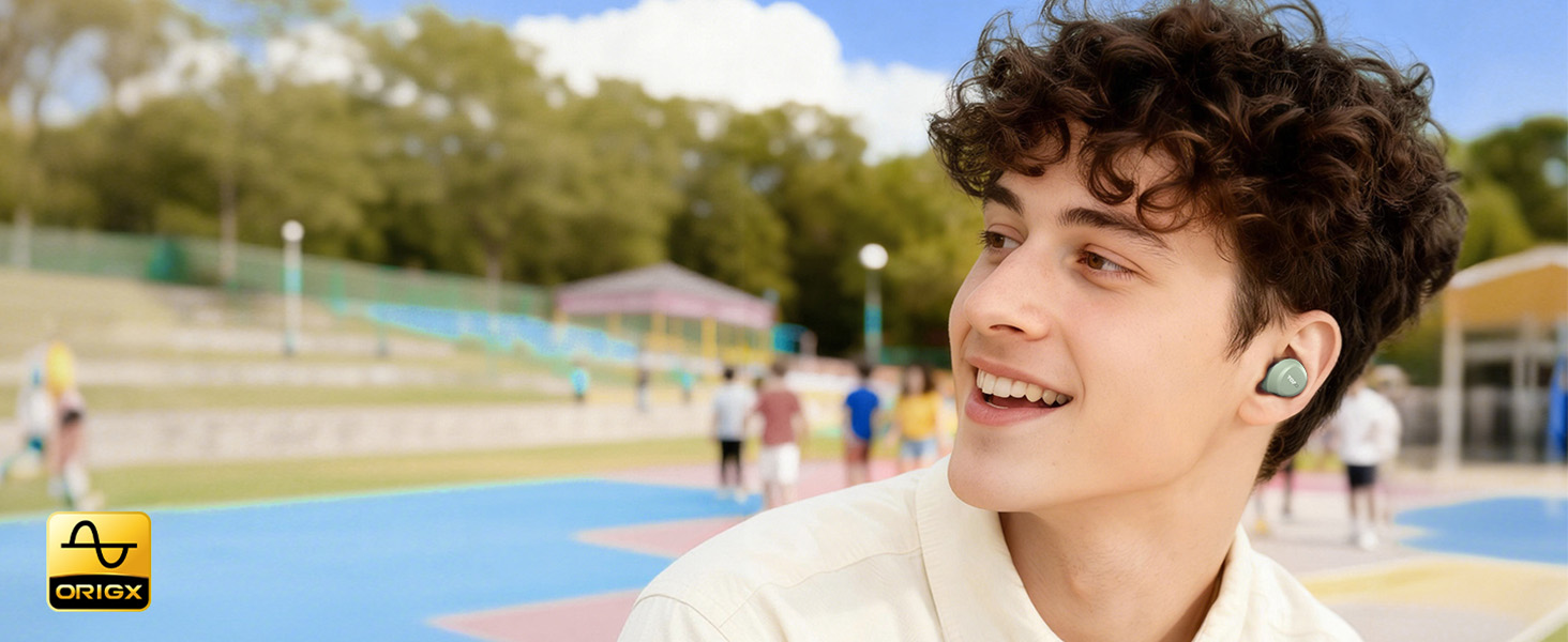 Person wearing TOZO A1 earbuds in everyday outdoor setting with OrigX tuned sound