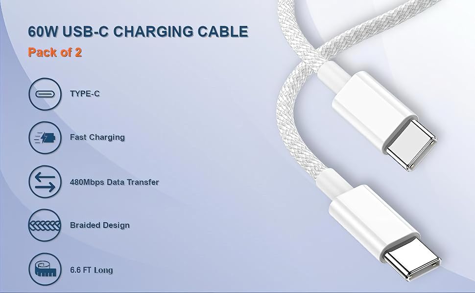[2-Pack 6.6FT] USB C to USB C Fast Charging Cable