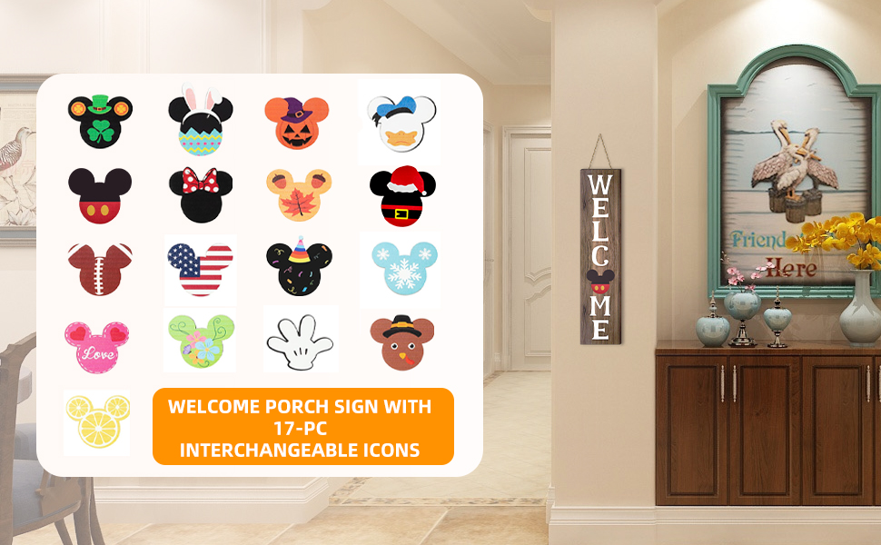 disney cartoon mouse Interchangeable Mini Welcome Vertical Door Sign for Farmhouse Porch Decoration