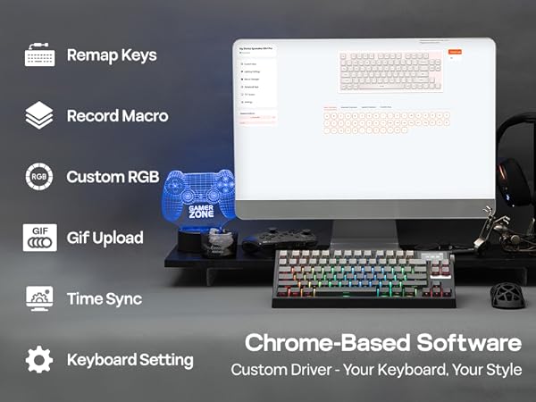 Text reads 'Remap Keys, Record Macro, Custom RGB, GIF Upload, Time Sync, Keyboard Setting, Chrome-Based Software'. Software interface screenshot with mechanical keyboard and menu options displayed.