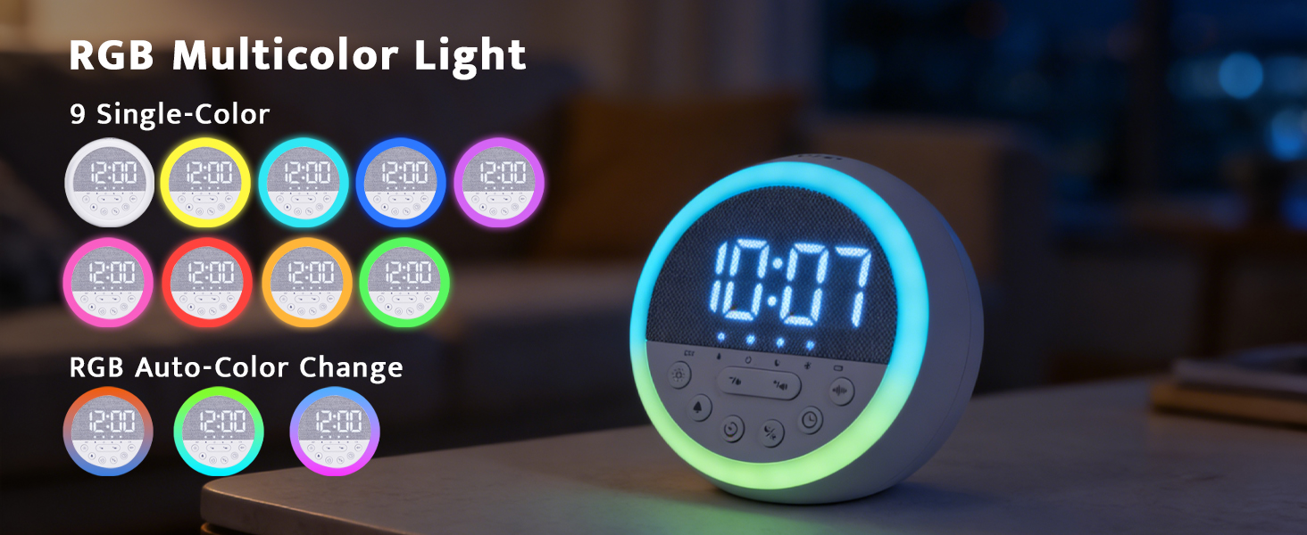 Text reads 'RGB Multicolor Light'. Digital alarm clock display with colorful LED ring showing time. Multiple mode indicator lights visible at top showing different color options.
