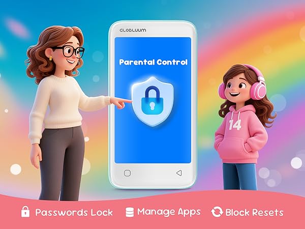 Kids’ MP3 player with parental controls, password lock, app management, and reset blocking