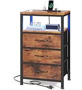 Sweetcrispy Nightstand with Charging Station, Bedside End Table with 3 Fabric Drawers &amp; USB/Type-...