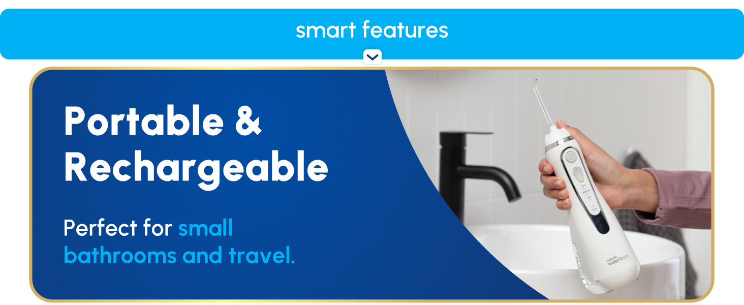 Image of Waterpik Cordless Advanced water flosser with text reading portable &amp;amp; rechargeable.