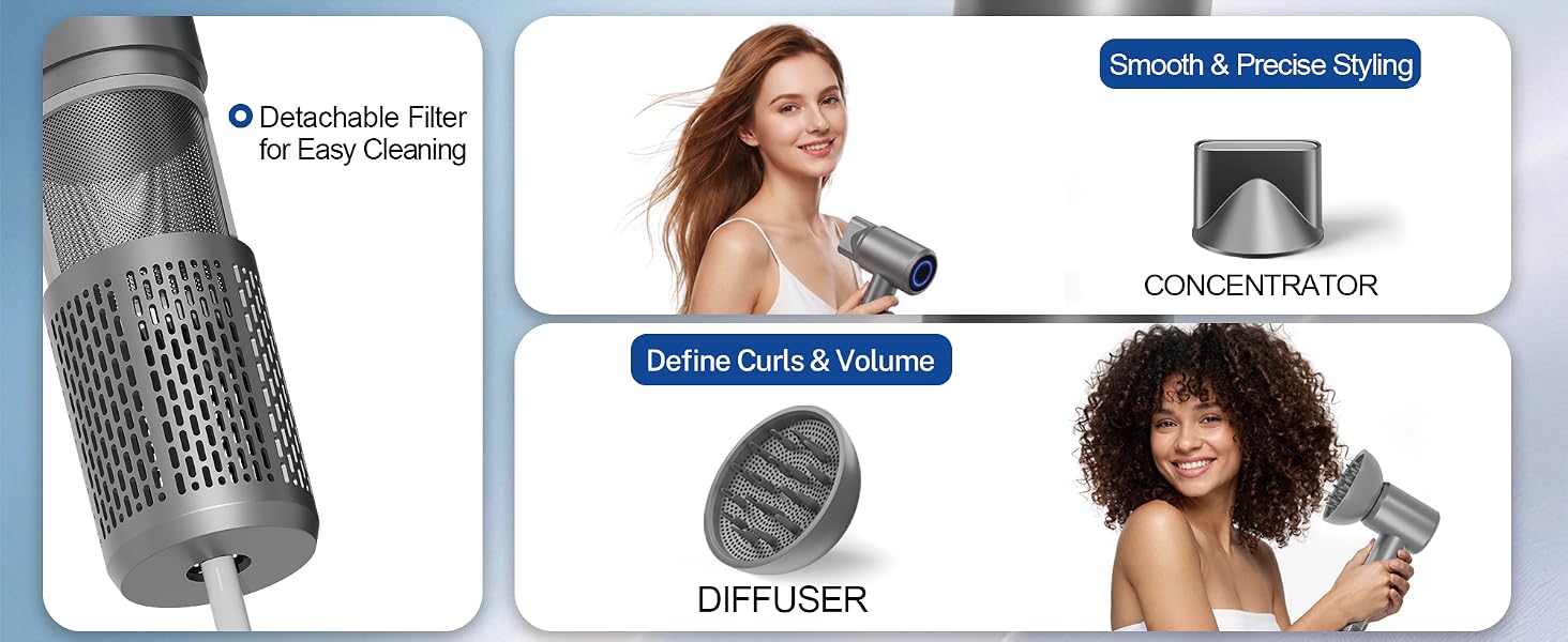 Hair dryer with magnetic diffuser for curls and concentrator for smooth styling