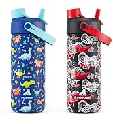 POWCAN 2 Pack 18 oz Kids Insulated Water Bottle for School: Leakproof, 2-in-1 Straw Spout Lid, BP...
