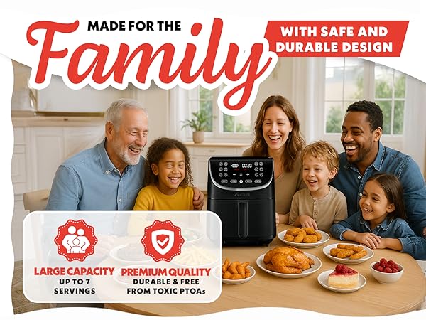 Gourmia XL air fryer with 7-quart basket cooking a full family meal