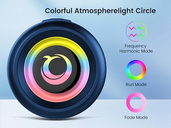 Text reads 'Colorful Atmospherelight Circle', 'Run Mode', 'Fade Mode', 'Frequency Harmonic Mode'. Digital interface showing circular gradient light patterns in various modes.