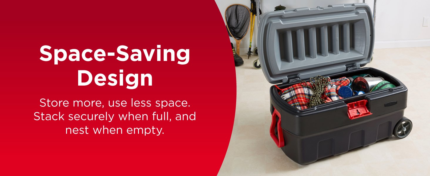 Image of strong storage container with text reading space saving design.