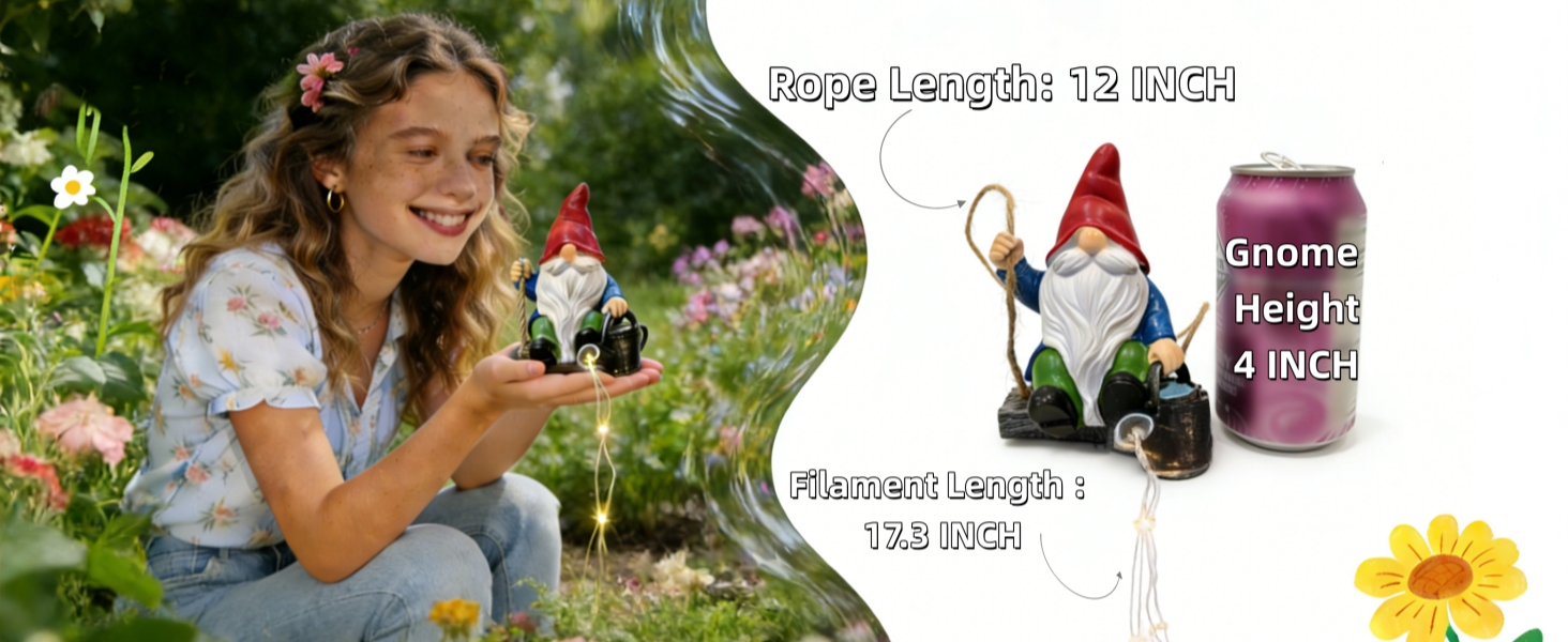 gnome height: 4 inches Hemp rope length: 12 inches Filament length: 17.3 inches