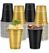 LANLISA 100Pcs Black and Gold Plastic Cups, 16 oz Disposable Cups For Birthday Party, Graduation ...