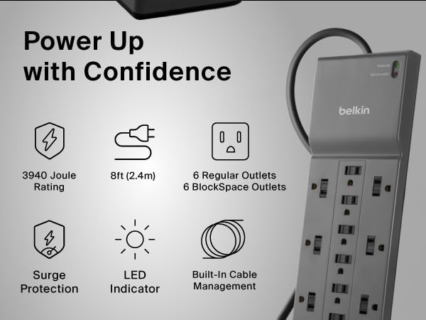  Image of surge protector plugs with text reading power up with confidence.