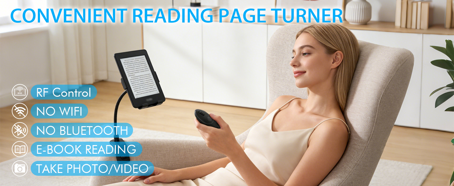 Text reads 'CONVENIENT READING PAGE TURNER', 'NO WIFI', 'E-BOOK READING', 'TAKE PHOTO/VIDEO'. Marketing image showing device usage while relaxing.