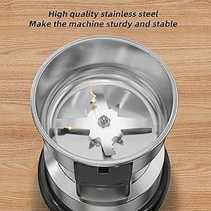 Text reads 'High quality stainless steel Make the machine sturdy and stable'. Multiple views of a stainless steel grinding bowl with sharp blades mounted inside.