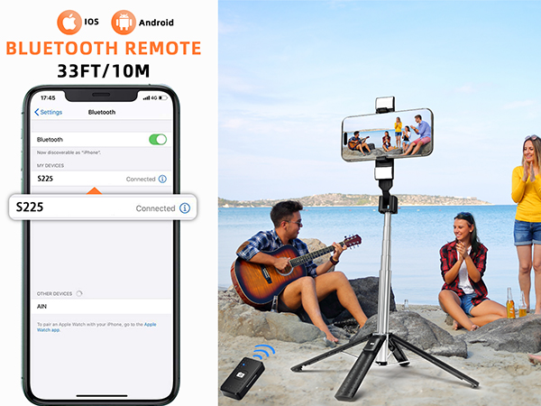 Text reads 'BLUETOOTH REMOTE', '33FT/10M'. Series of images showing mobile phone holder/tripod being used at beach for photography and video recording.