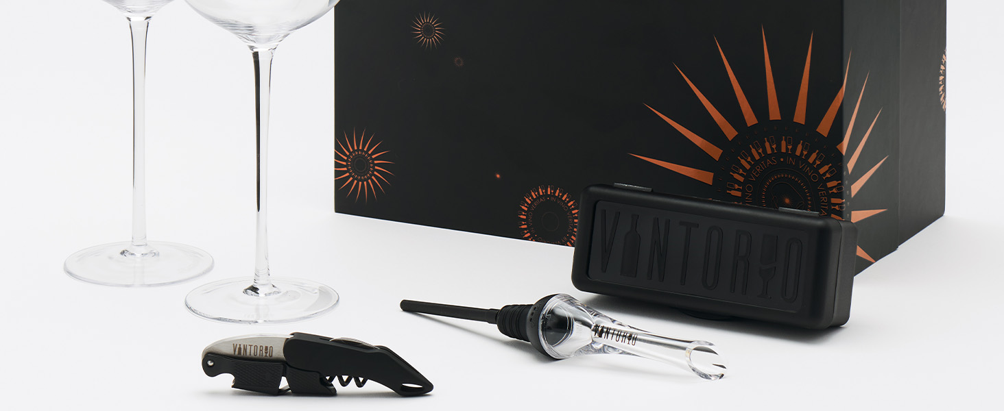 Vintorio Wine Essentials Gift Box with Aerator, Corkscrew, and Crystal Glasses
