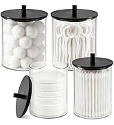 PureRoot Glass Qtip Holder Dispenser Set - 15oz &amp; 10oz Clear Canisters Apothecary Jar with Black ...