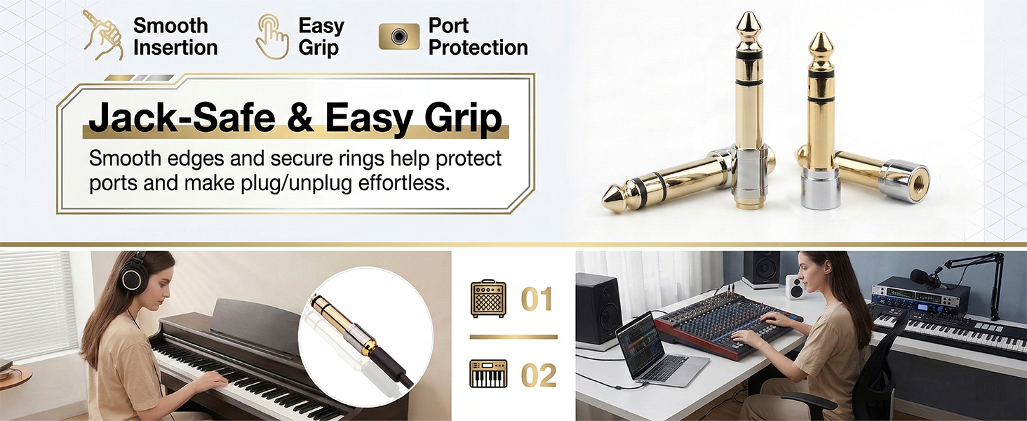 1/4 to 1/8 inch headphone adapter easy grip port protection for pianos.