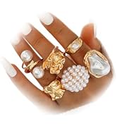 Lcineic Statement Big Pearls Cluster Stackable Rings for Women Fashion Baroque Pearl Chunky Gold ...