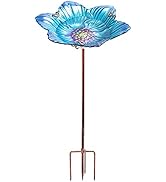 Outdoor Bird Bath Glass Birdbath Garden Birdfeeder with Metal Stake Blue(Height:26inch)