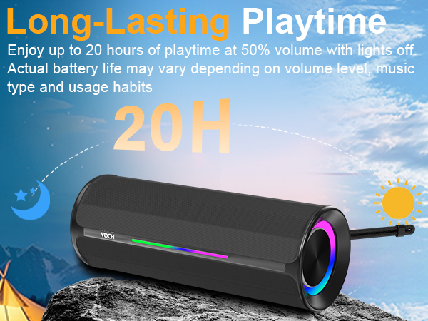 Text reads 'Long-Lasting Playtime' and 'Enjoy up to 20 hours of playtime at 50% volume with lights off. Actual battery life may vary depending on volume level, music type and usage habits' and '20H'. Black cylindrical portable Bluetooth speaker with illuminated RGB ring on rocky surface against sky background.