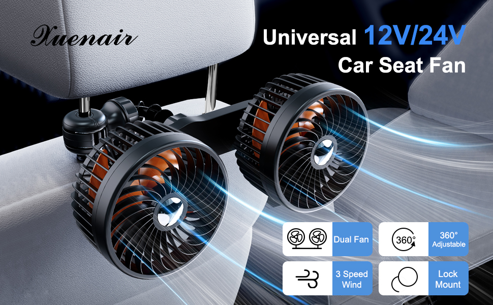 Universal 24v 12v Car Seat Fan Portable Cooling - 3 Speeds Quiet Rotating Fan with 2 USB Port
