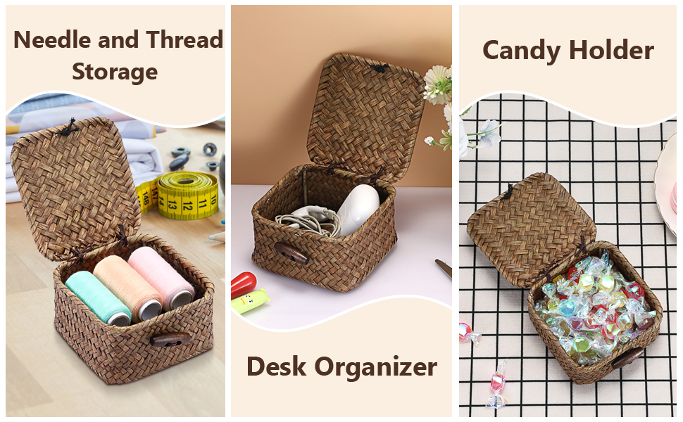 Wicker Baskets Bins with Lid Seagrass Baskets Storage Bins Handwoven storage Basket Organizer
