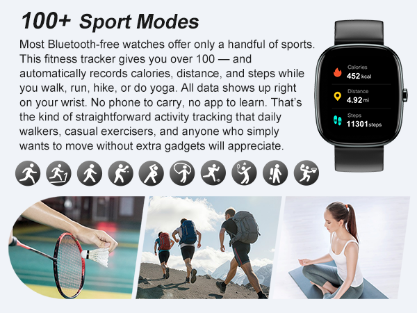 Fitness tracker with 100+ sport modes. Auto tracks calories, distance, steps. No phone needed.