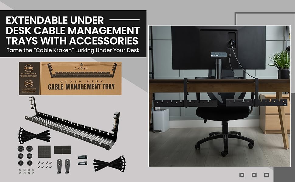 Extendable under-desk cable management trays with accessories