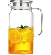DOPUDO 40oz Glass Pitcher with Handle &amp; Stainless Steel Lid, 1250ml Borosilicate Glass Carafe, Du...