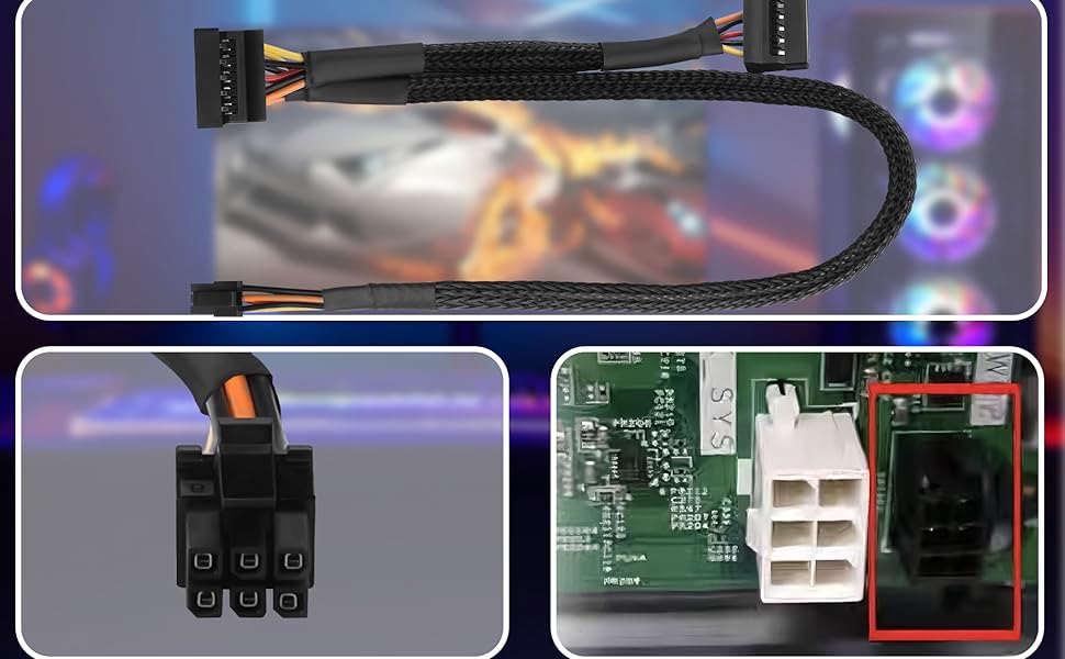 Six-panel composite showing black power cable with yellow/orange accents. Displays connectors, cable texture, internal circuitry, and various attachment components and connectivity details.