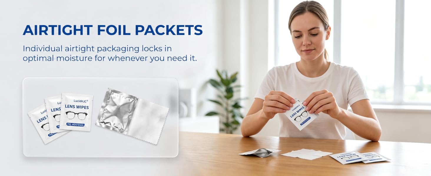 Text reads 'AIRTIGHT FOIL PACKETS'. Woman at table demonstrating white product with foil packet packaging visible.