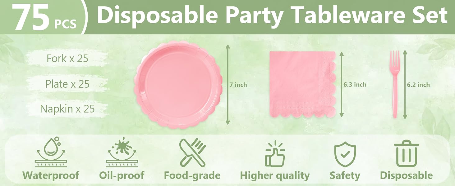 25 Guests pink party tableware set size