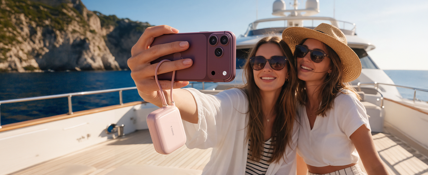 45W mini power bank with built-in cable for travel photo, fast charging iPhone 18 Pro Max on yacht