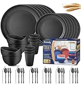 Wheat Straw Dinnerware Sets,48-Piece Black Plates and Bowls Sets for 6-Unbreakable,Reusable Plast...