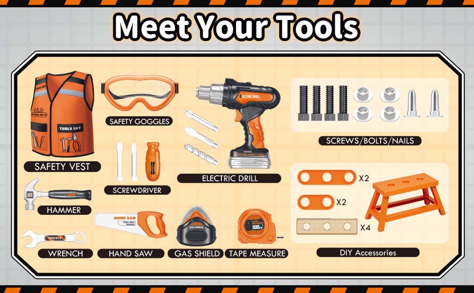 Toolkit layout featuring various tools including safety goggles, electric drill, hammer, wrench, and accessories. Tools are labeled and arranged on a beige background with 'Meet Your Tools' text.