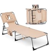 Goplus Tanning Chair, Folding Adjustable Patio Lounge Chair with Face Hole, Removable Pillow, 330...