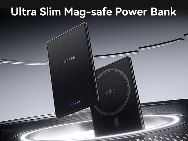 Ultra slim mag-safe power bank in black. Rectangular device with wireless charging pad, LED indicators, and slim profile. Compatible with magnetic charging technology.