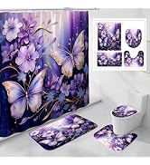 Litabel 4 Pcs Purple Floral Butterfly Shower Curtain Set with Non-Slip Rugs, Modern Toilet Lid Co...