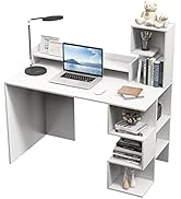 Tangkula White Desk with Storage Bookshelf &amp; Hutch, 48” Modern Home Office Desk with 8 Storage Sh...