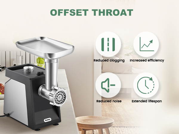 Huanyu electric meat grinder with offset throat for reduced clogging inceased efficiency