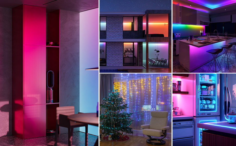 Collage of colorful LED lighting installations in various interior spaces. Shows rooms with vibrant purple, blue, red, and rainbow light effects.