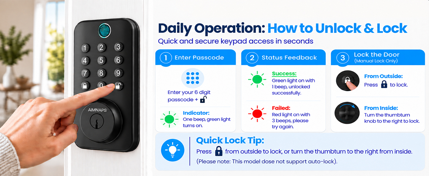 code door lock 6 digit keypad passcode access and manual lock operation