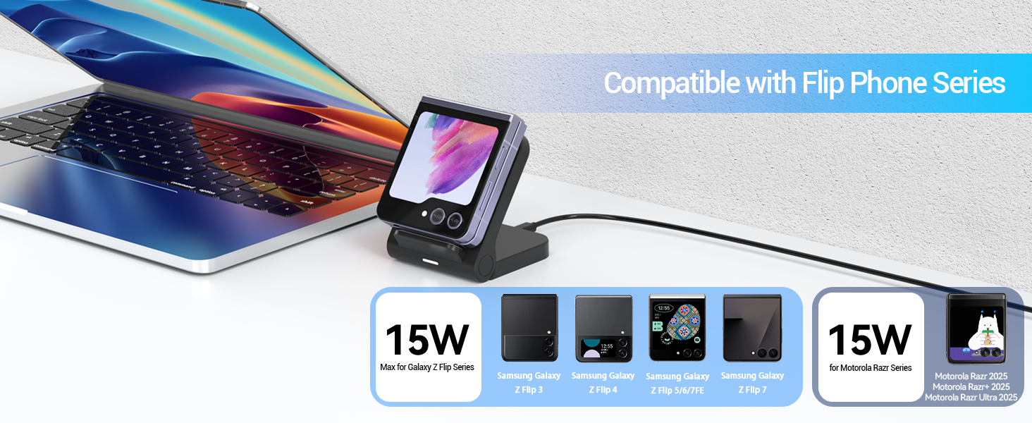 Text reads: '15W'. Car dashboard wireless charging mount with blue LED indicator, showing smartphone compatibility.