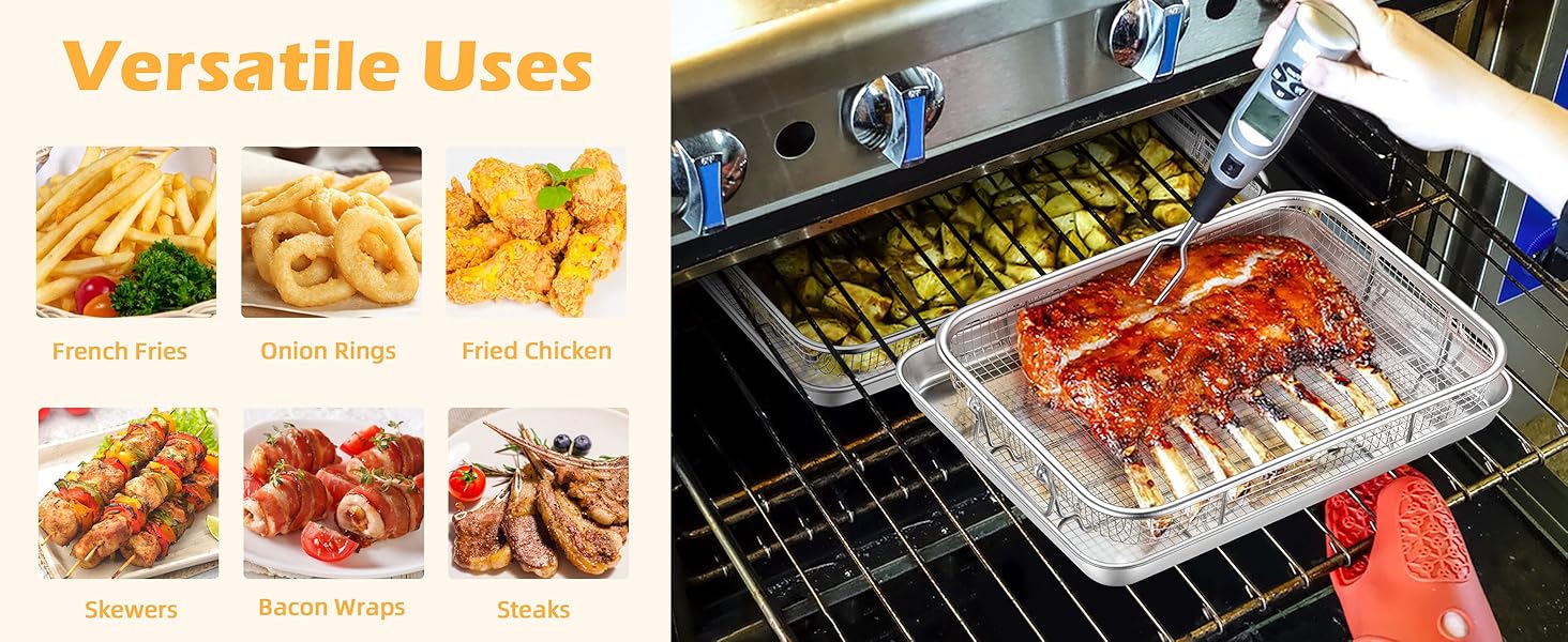 Ideal to make crispy food like french fries, breaded chicken, fried bacon, roasting meat or veggies