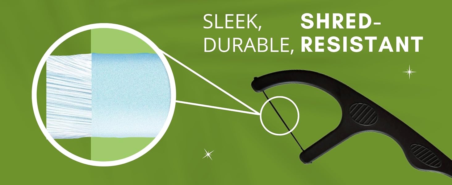Text reads 'SLEEK', 'SHRED-', 'DURABLE, RESISTANT'. Product marketing banner with text overlaid on green background with circular design elements.