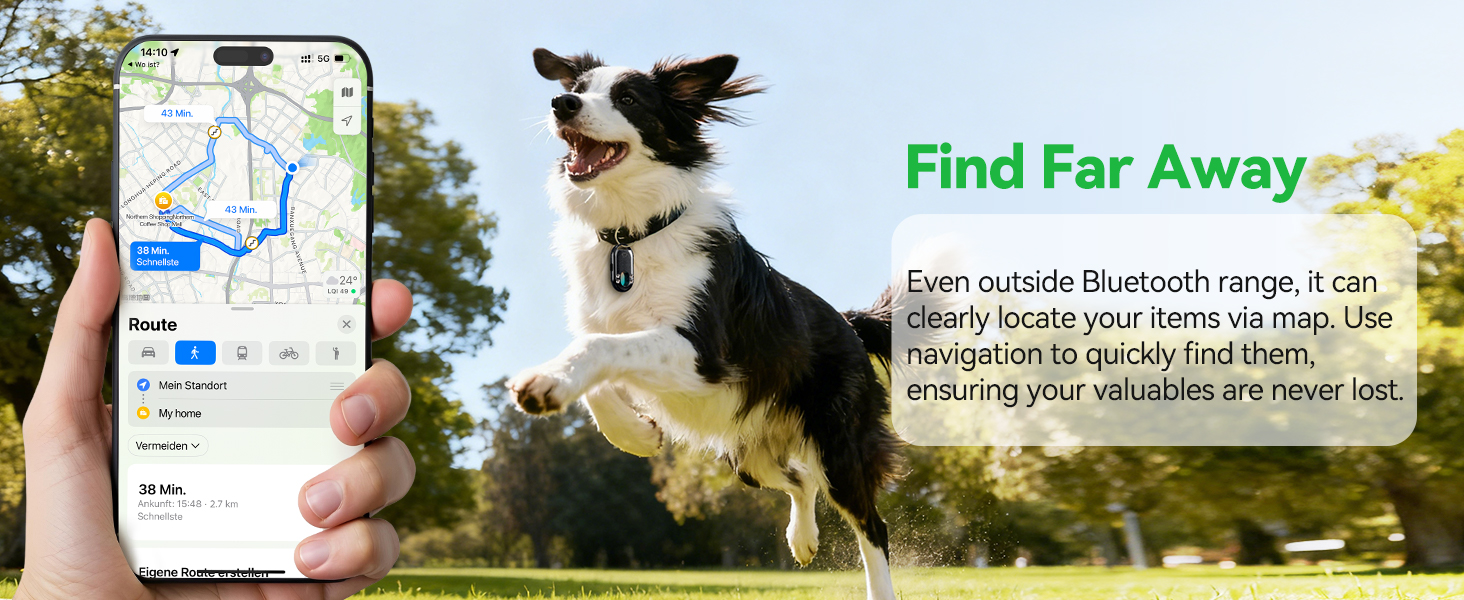 A dog wearing the tracker runs in a park while a phone screen shows the map route to locate the pet