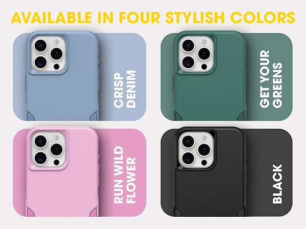 Shows the otterbox commuter case in four different colors: pink, green, blue and black