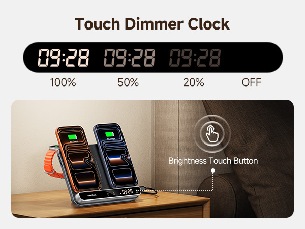 Text reads 'Touch Dimmer Clock'. Digital display showing time interface with dimming functionality and control buttons.