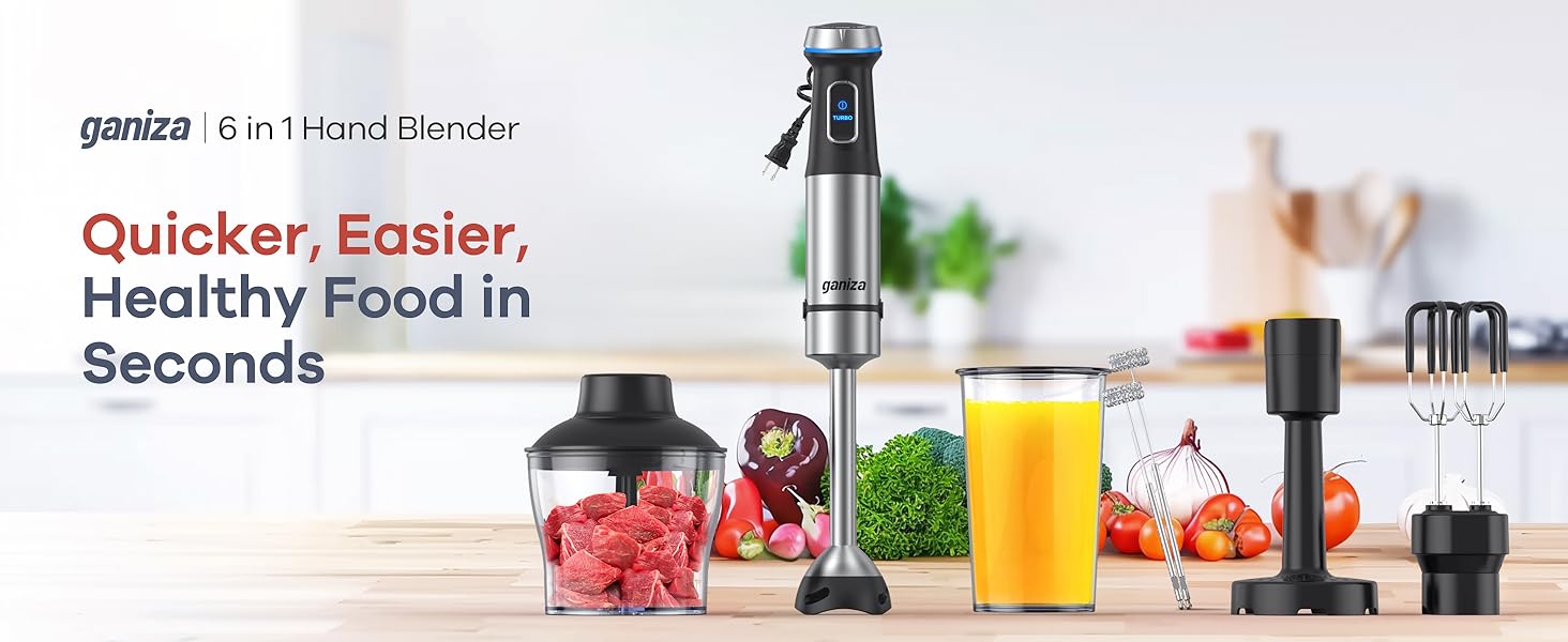 Ganiza 6 in 1 hand blender With Mixing Beaker, Chopper, Puree Masher, Whisk and Milk Frother